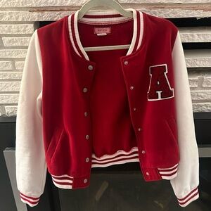 Red and cream letterman jacket for women runs small!